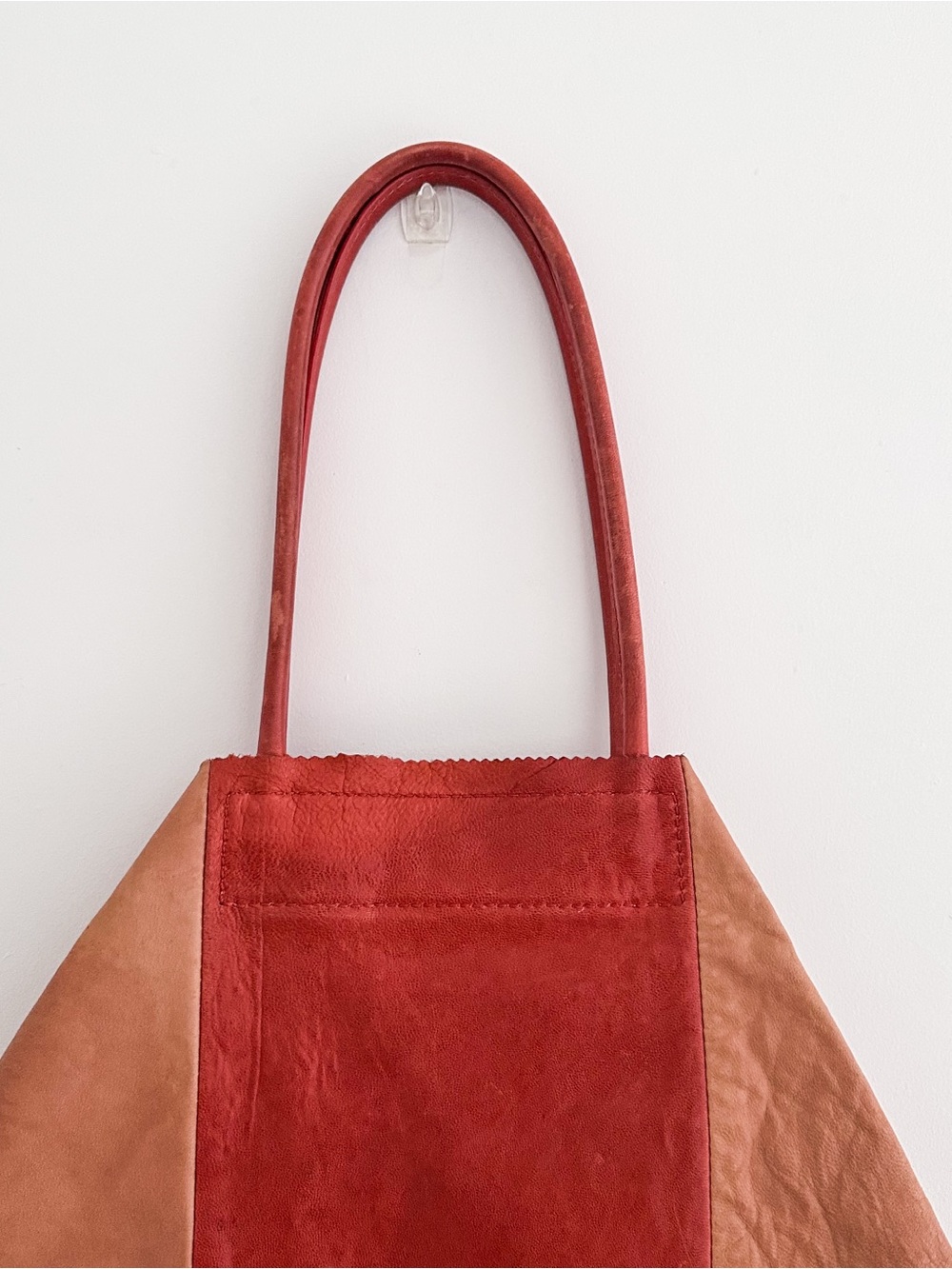 Banana Republic Leather Tote Color Block Tan & Red Patchwork Shoulder Bag - Picture 12 of 15